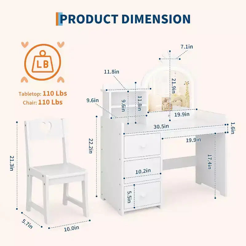 Vanity Desk with Mirror and Lights for Little Girls, Makeup Vanity Set with Drawers & Open Storage Shelves, Wooden Princess Dressing Table for Bedroom