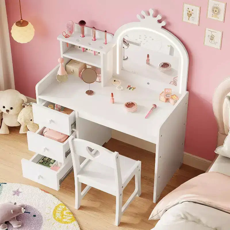 Vanity Desk with Mirror and Lights for Little Girls, Makeup Vanity Set with Drawers & Open Storage Shelves, Wooden Princess Dressing Table for Bedroom