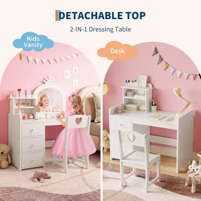 Vanity Desk with Mirror and Lights for Little Girls, Makeup Vanity Set with Drawers & Open Storage Shelves, Wooden Princess Dressing Table for Bedroom