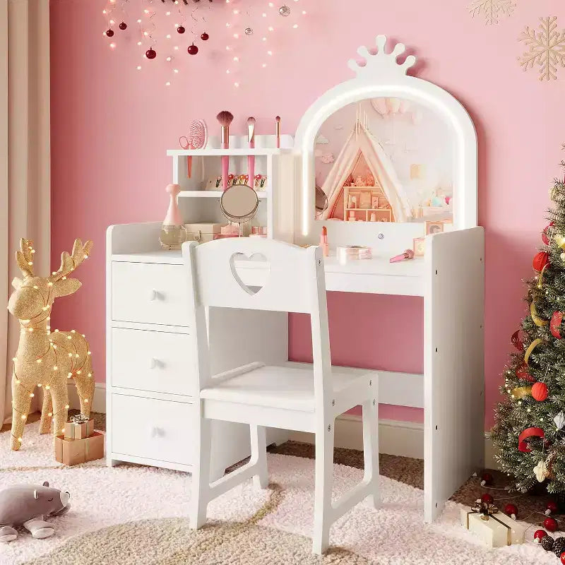 Vanity Desk with Mirror and Lights for Little Girls, Makeup Vanity Set with Drawers & Open Storage Shelves, Wooden Princess Dressing Table for Bedroom