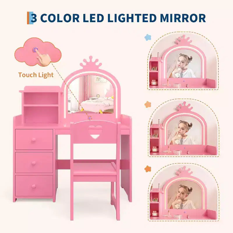 Vanity Desk with Mirror and Lights for Little Girls, Makeup Vanity Set with Drawers & Open Storage Shelves, Wooden Princess Dressing Table for Bedroom