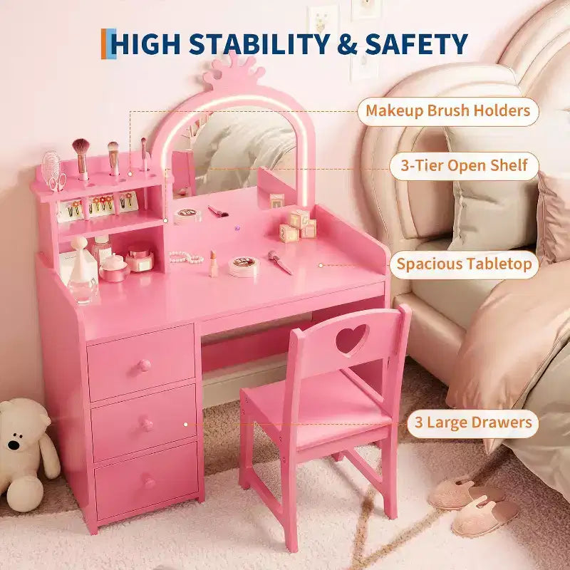 Vanity Desk with Mirror and Lights for Little Girls, Makeup Vanity Set with Drawers & Open Storage Shelves, Wooden Princess Dressing Table for Bedroom