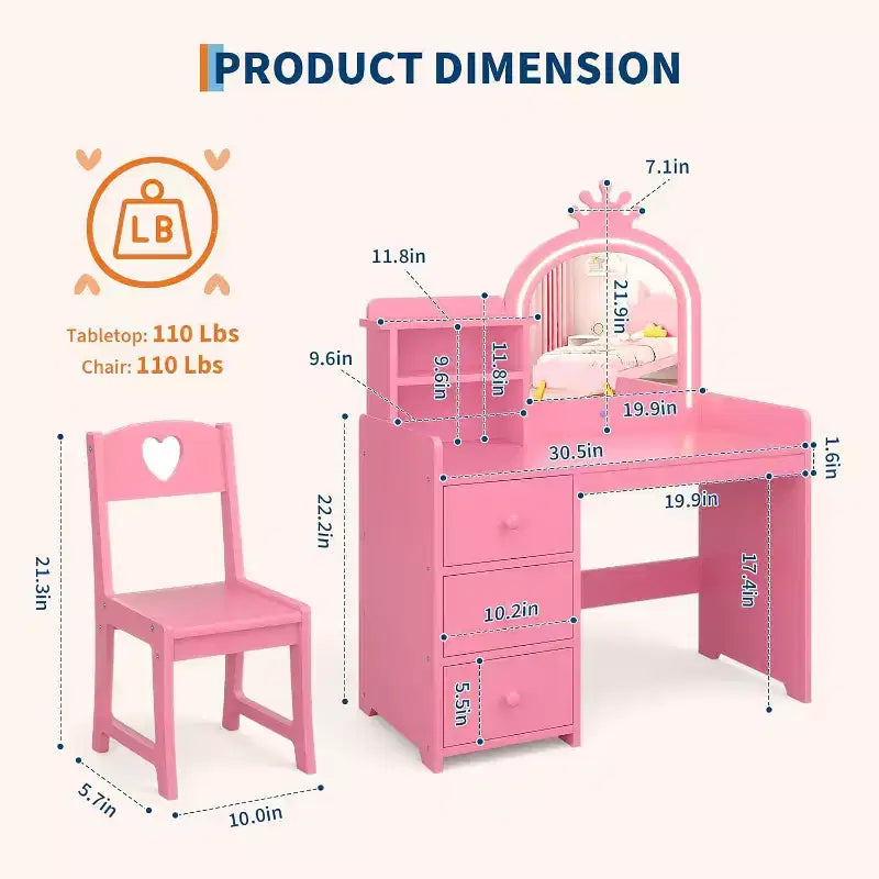 Vanity Desk with Mirror and Lights for Little Girls, Makeup Vanity Set with Drawers & Open Storage Shelves, Wooden Princess Dressing Table for Bedroom