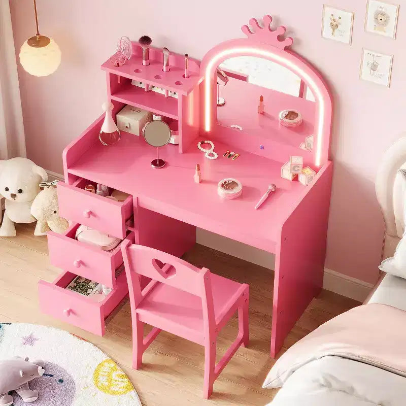 Vanity Desk with Mirror and Lights for Little Girls, Makeup Vanity Set with Drawers & Open Storage Shelves, Wooden Princess Dressing Table for Bedroom