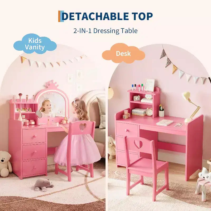Vanity Desk with Mirror and Lights for Little Girls, Makeup Vanity Set with Drawers & Open Storage Shelves, Wooden Princess Dressing Table for Bedroom