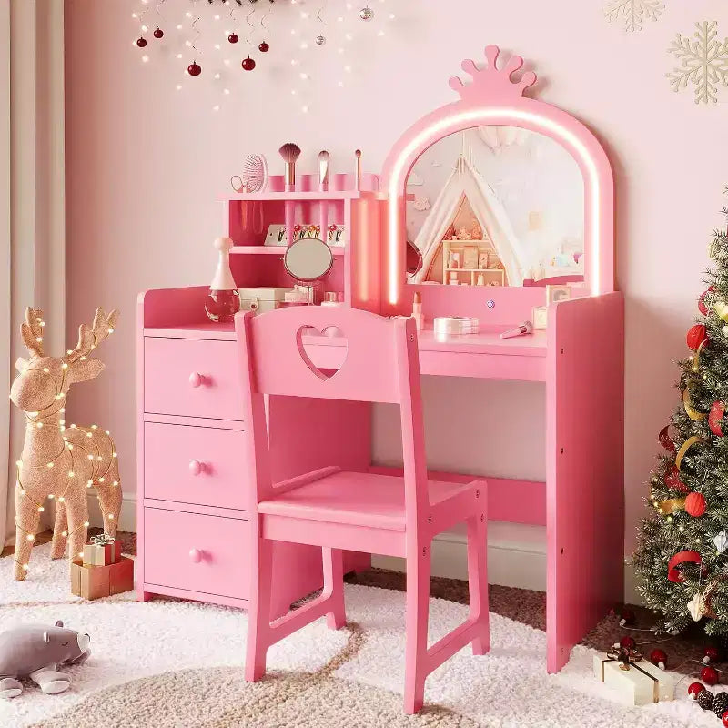 Vanity Desk with Mirror and Lights for Little Girls, Makeup Vanity Set with Drawers & Open Storage Shelves, Wooden Princess Dressing Table for Bedroom