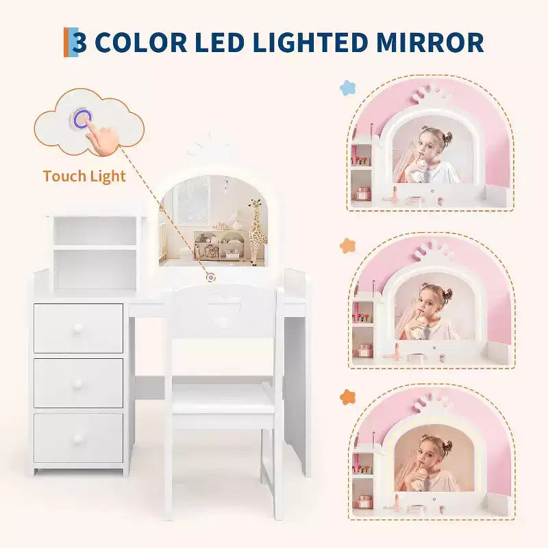 Vanity Desk with Mirror and Lights for Little Girls, Makeup Vanity Set with Drawers & Open Storage Shelves, Wooden Princess Dressing Table for Bedroom