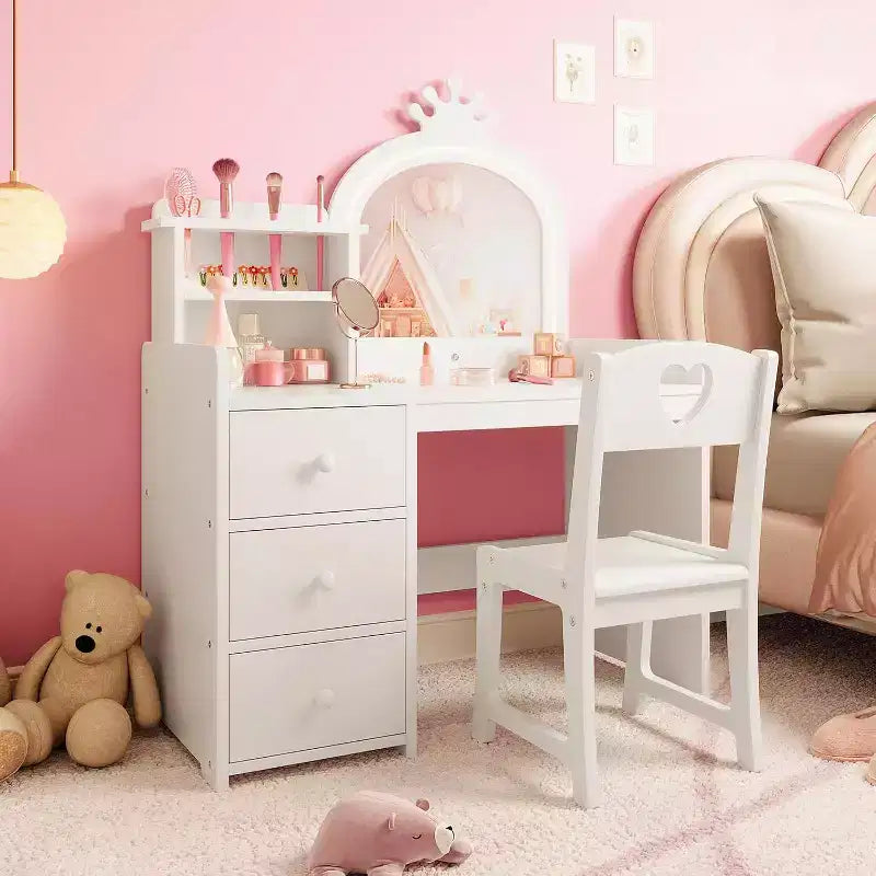 Vanity Desk with Mirror and Lights for Little Girls, Makeup Vanity Set with Drawers & Open Storage Shelves, Wooden Princess Dressing Table for Bedroom