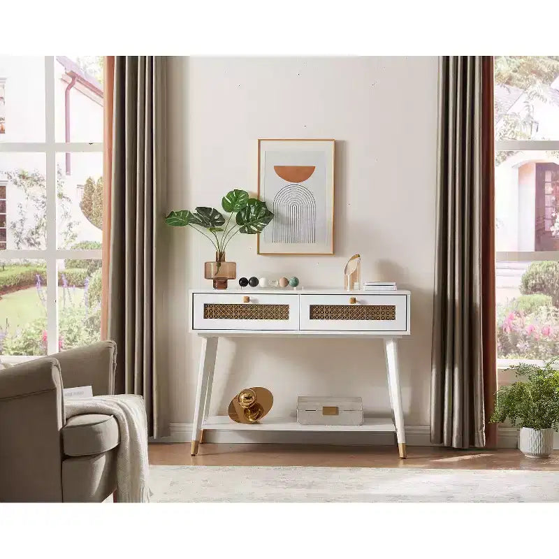 Probe Hues Sleek Modern Entryway Console Table with Drawers & Metal Shelf