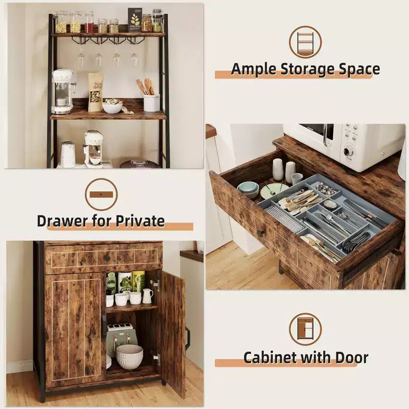 Bakers Rack with Cabinet 70.8 Microwave Stand Tall Bar Cabinet Industrial Kitchen Stand with Drawer Large Microwave Storage Rack