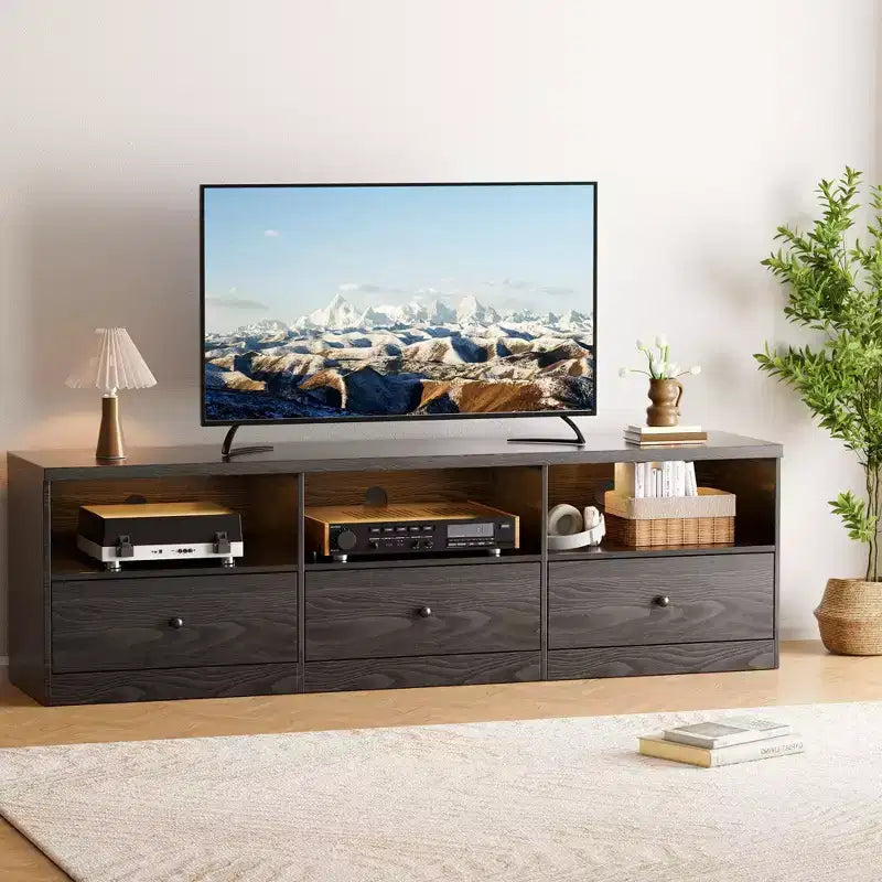 GustoWave Black TV Stand for up to 80 Inch TVs, Modern Media Console Table with 3 Drawers & 3 Open Shelves for Living Room Bedroom