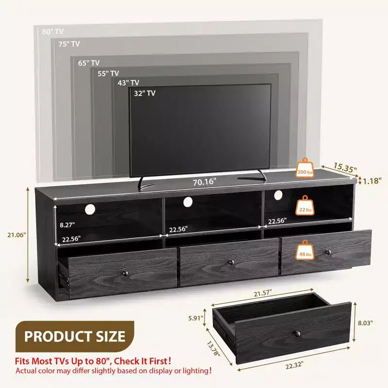 GustoWave Black TV Stand for up to 80 Inch TVs, Modern Media Console Table with 3 Drawers & 3 Open Shelves for Living Room Bedroom