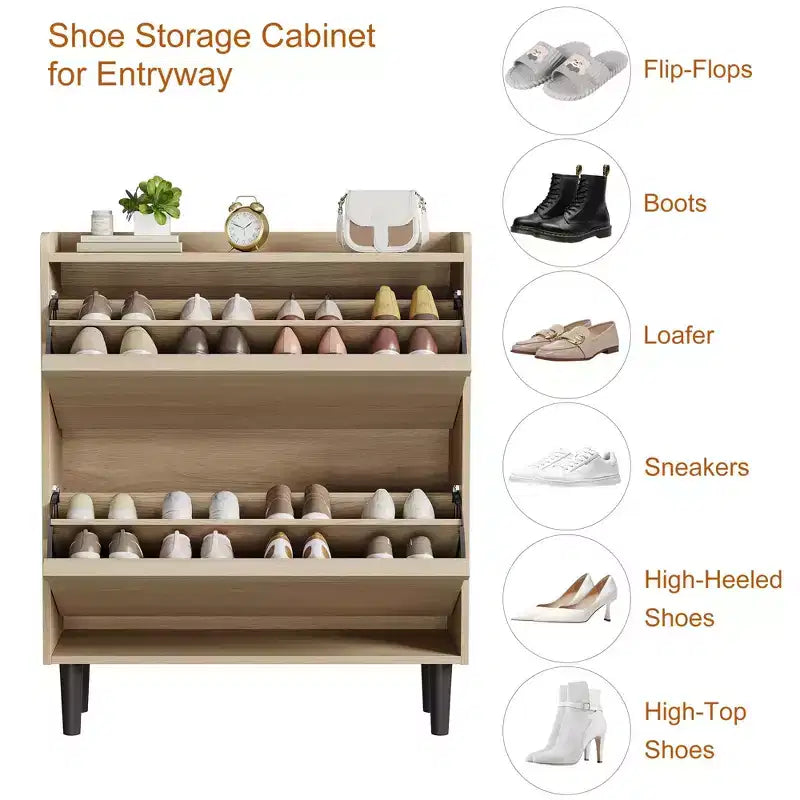 Shoe Cabinet with Flip Drawers, Modern Shoe Storage for Entryway, Wooden Shoe Cabinet with Adjustable Shelf