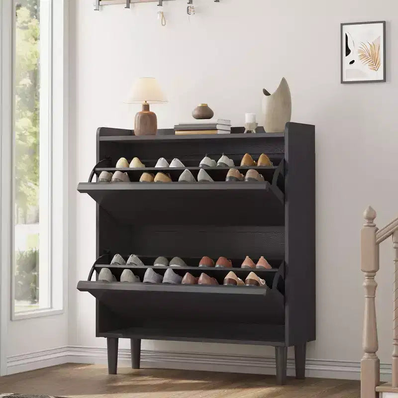 Shoe Cabinet with Flip Drawers, Modern Shoe Storage for Entryway, Wooden Shoe Cabinet with Adjustable Shelf