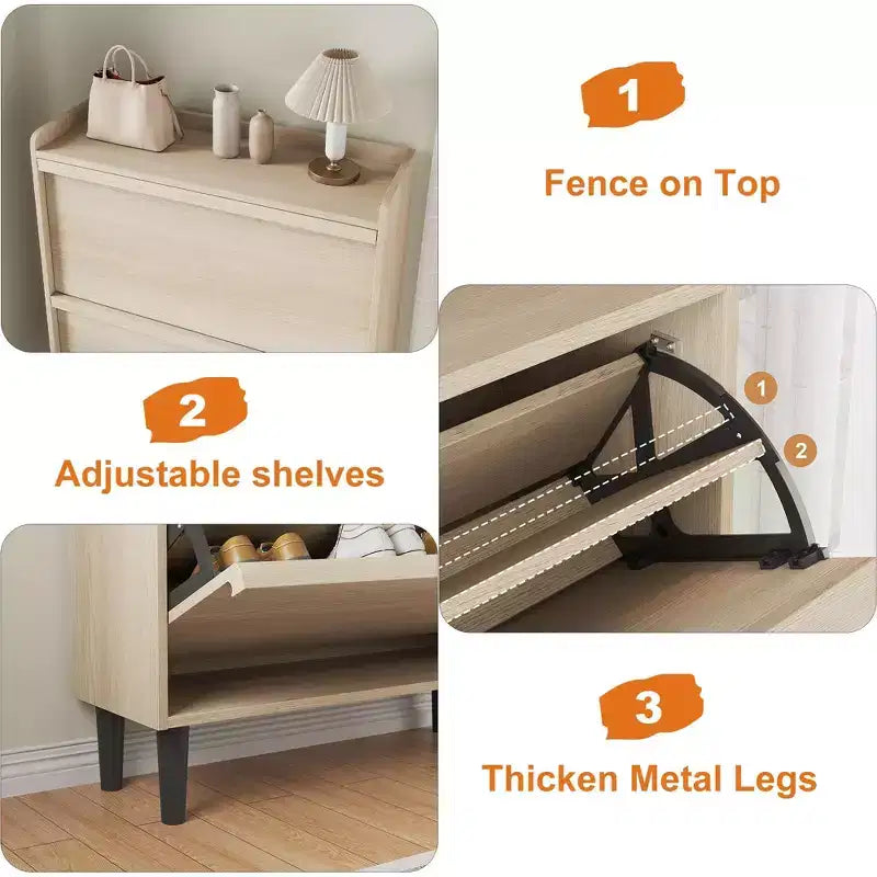 Shoe Cabinet with Flip Drawers, Modern Shoe Storage for Entryway, Wooden Shoe Cabinet with Adjustable Shelf