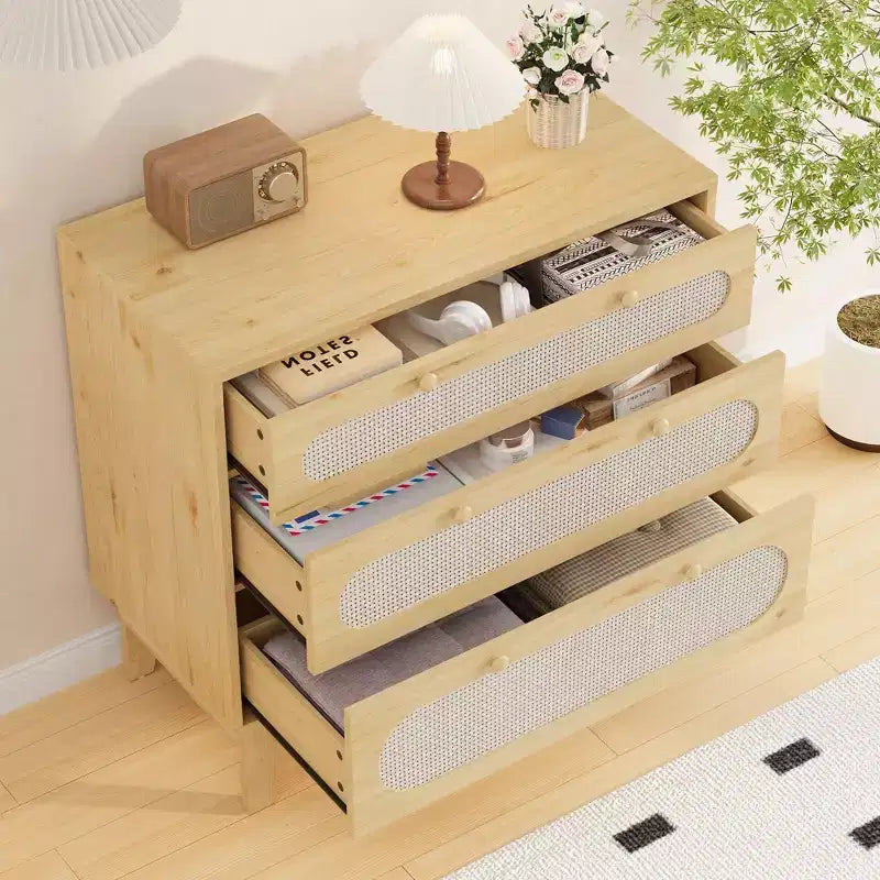 Rattan Nightstand with Drawers, Modern Large Bedside Table Night Stand for Bedroom