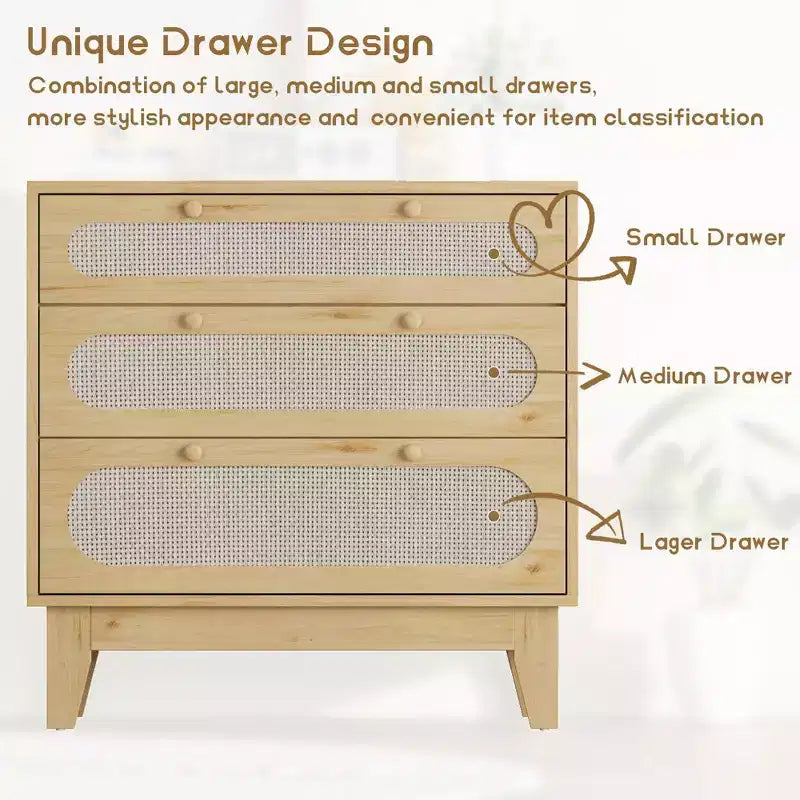 Rattan Nightstand with Drawers, Modern Large Bedside Table Night Stand for Bedroom