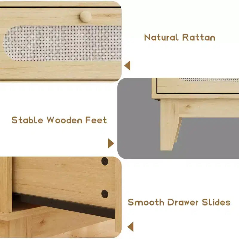 Rattan Nightstand with Drawers, Modern Large Bedside Table Night Stand for Bedroom