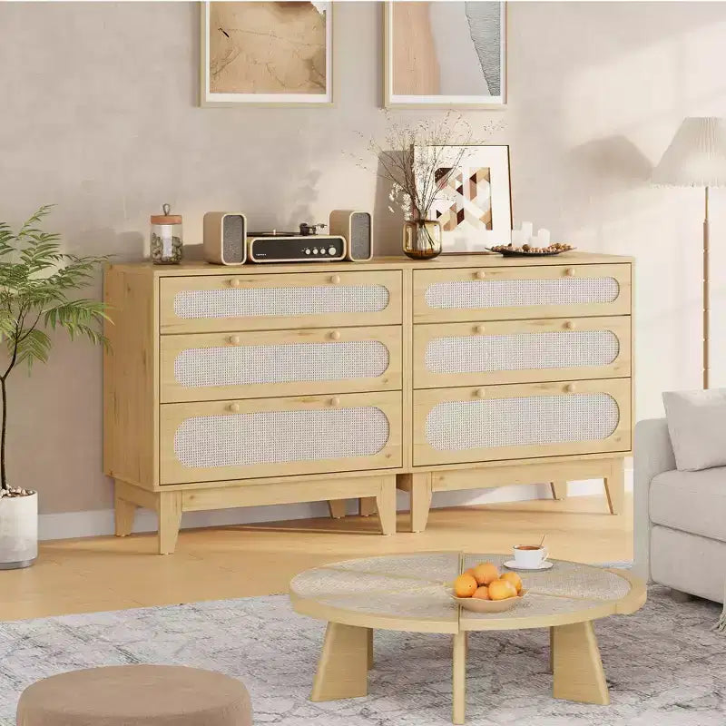 Rattan Nightstand with Drawers, Modern Large Bedside Table Night Stand for Bedroom