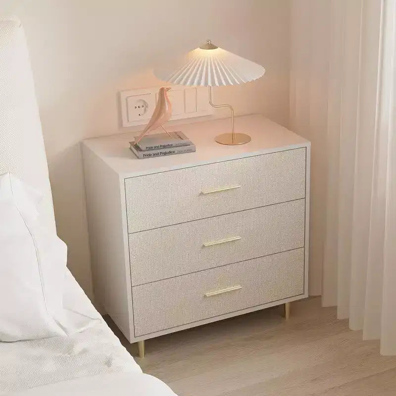 Modern White Chest of Drawers, 8 Drawer Dresser with Gold Handles and Legs, Wooden Nightstand with Linen-Textured Surface