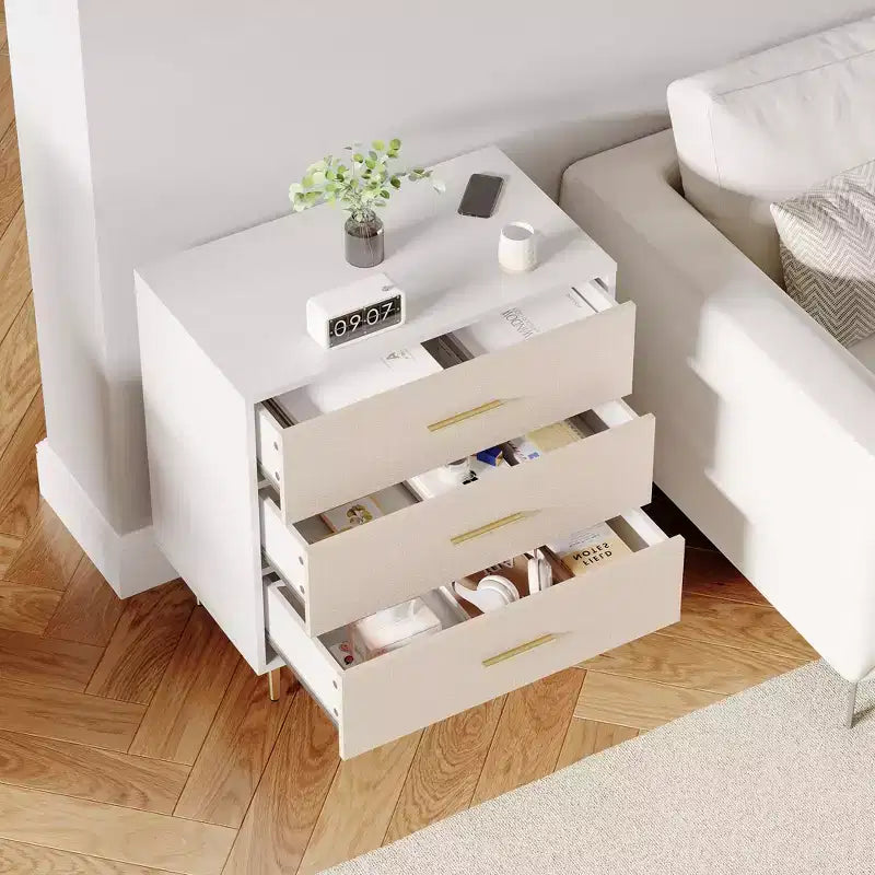 Modern White Chest of Drawers, 8 Drawer Dresser with Gold Handles and Legs, Wooden Nightstand with Linen-Textured Surface