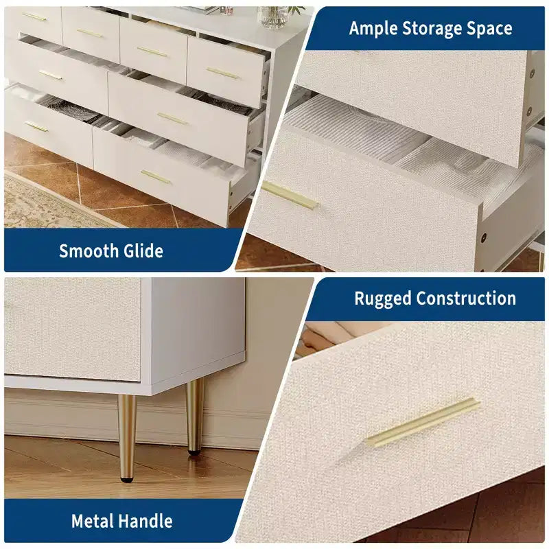 Modern White Chest of Drawers, 8 Drawer Dresser with Gold Handles and Legs, Wooden Nightstand with Linen-Textured Surface