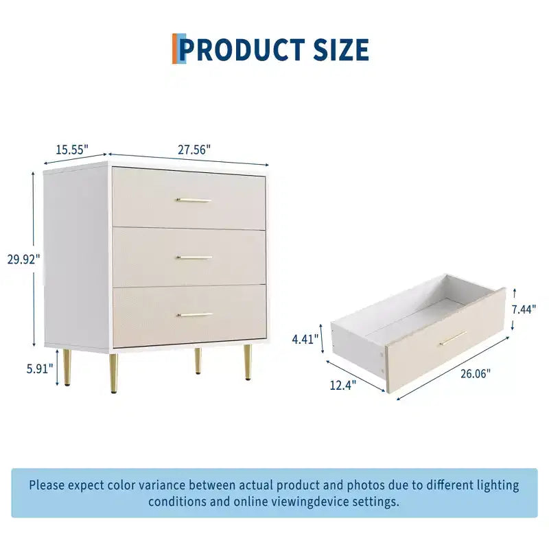 Modern White Chest of Drawers, 8 Drawer Dresser with Gold Handles and Legs, Wooden Nightstand with Linen-Textured Surface