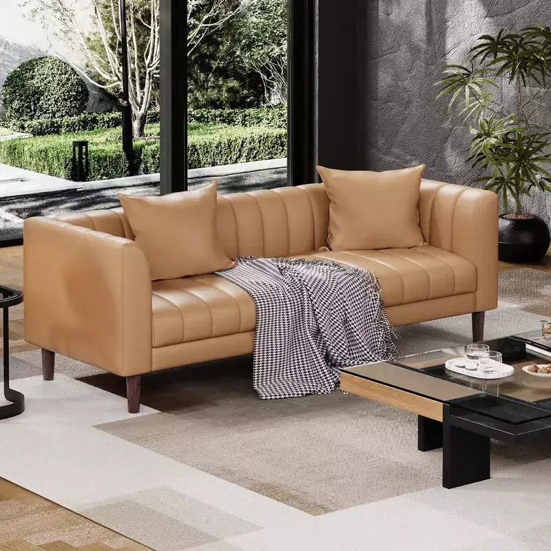 Faux Leather Sofa Couch, Modern 78 W Sofa with Deep Seats, 3 Seater Sofa Couch with 2 Throw Pillows and Wood Legs, Easy Assembly