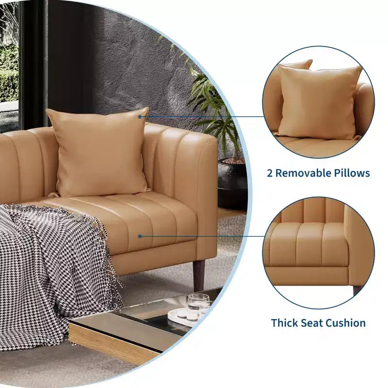Faux Leather Sofa Couch, Modern 78 W Sofa with Deep Seats, 3 Seater Sofa Couch with 2 Throw Pillows and Wood Legs, Easy Assembly