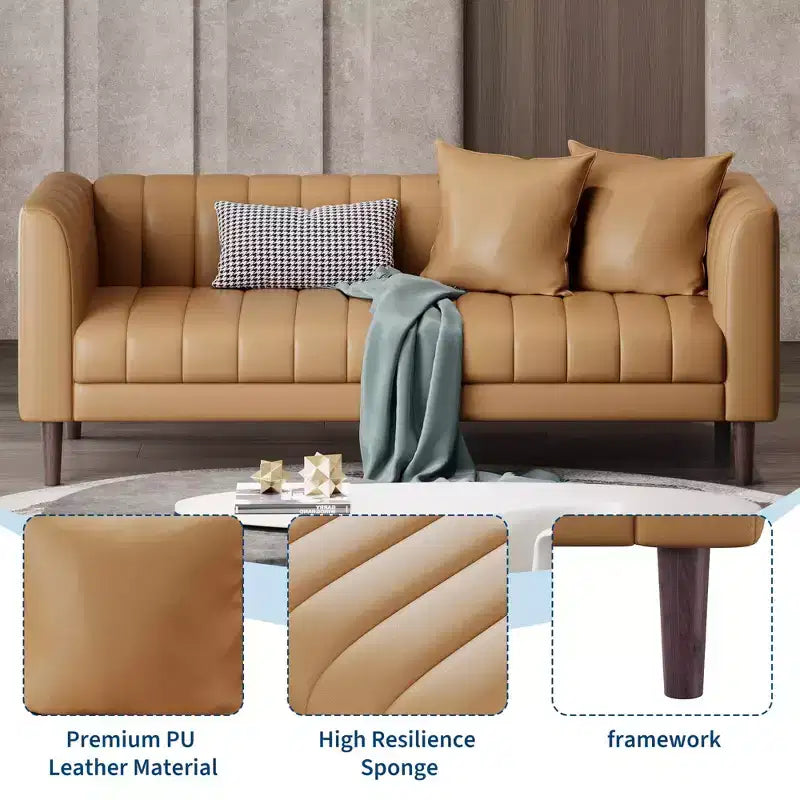 Faux Leather Sofa Couch, Modern 78 W Sofa with Deep Seats, 3 Seater Sofa Couch with 2 Throw Pillows and Wood Legs, Easy Assembly