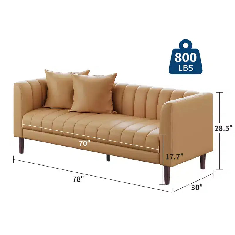 Faux Leather Sofa Couch, Modern 78 W Sofa with Deep Seats, 3 Seater Sofa Couch with 2 Throw Pillows and Wood Legs, Easy Assembly