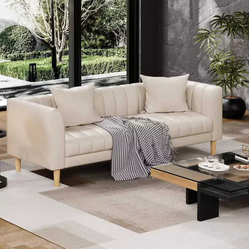 Faux Leather Sofa Couch, Modern 78 W Sofa with Deep Seats, 3 Seater Sofa Couch with 2 Throw Pillows and Wood Legs, Easy Assembly