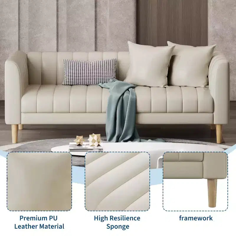 Faux Leather Sofa Couch, Modern 78 W Sofa with Deep Seats, 3 Seater Sofa Couch with 2 Throw Pillows and Wood Legs, Easy Assembly