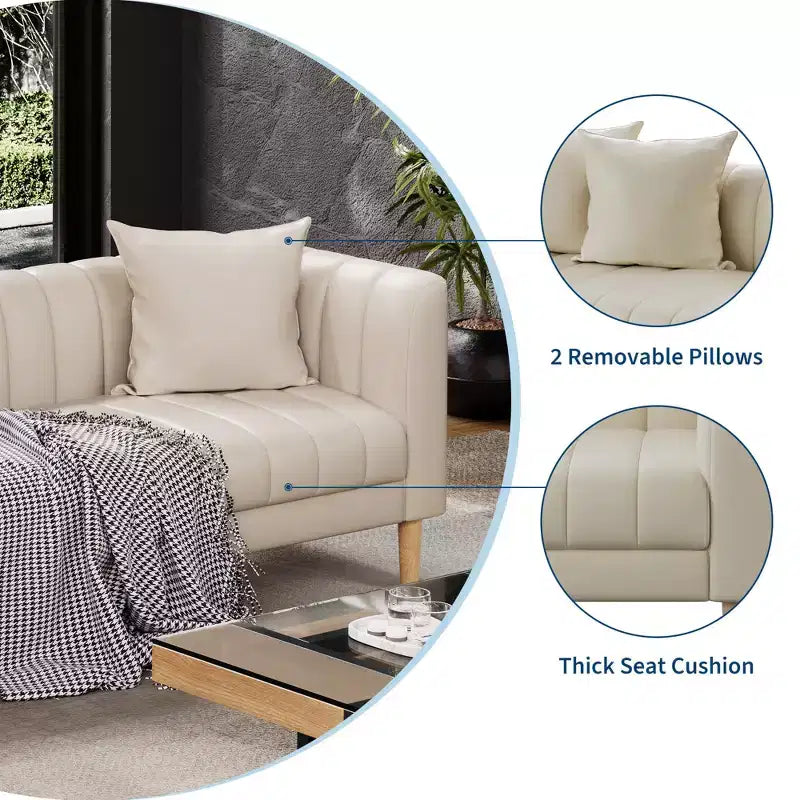 Faux Leather Sofa Couch, Modern 78 W Sofa with Deep Seats, 3 Seater Sofa Couch with 2 Throw Pillows and Wood Legs, Easy Assembly