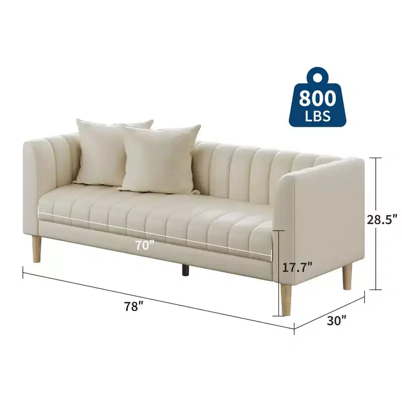 Faux Leather Sofa Couch, Modern 78 W Sofa with Deep Seats, 3 Seater Sofa Couch with 2 Throw Pillows and Wood Legs, Easy Assembly