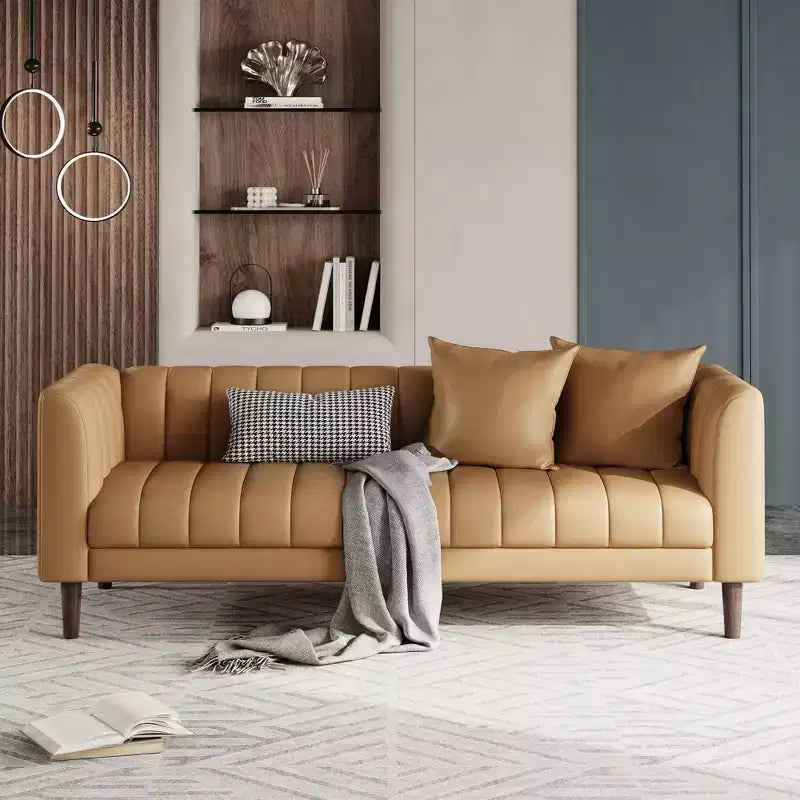 Faux Leather Sofa Couch, Modern 78 W Sofa with Deep Seats, 3 Seater Sofa Couch with 2 Throw Pillows and Wood Legs, Easy Assembly