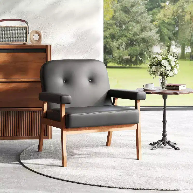 TYBOATLE Faux Leather Black Armchair with Wooden Frame, Upholstered Living Room Chairs Comfy Reading for Small Spaces