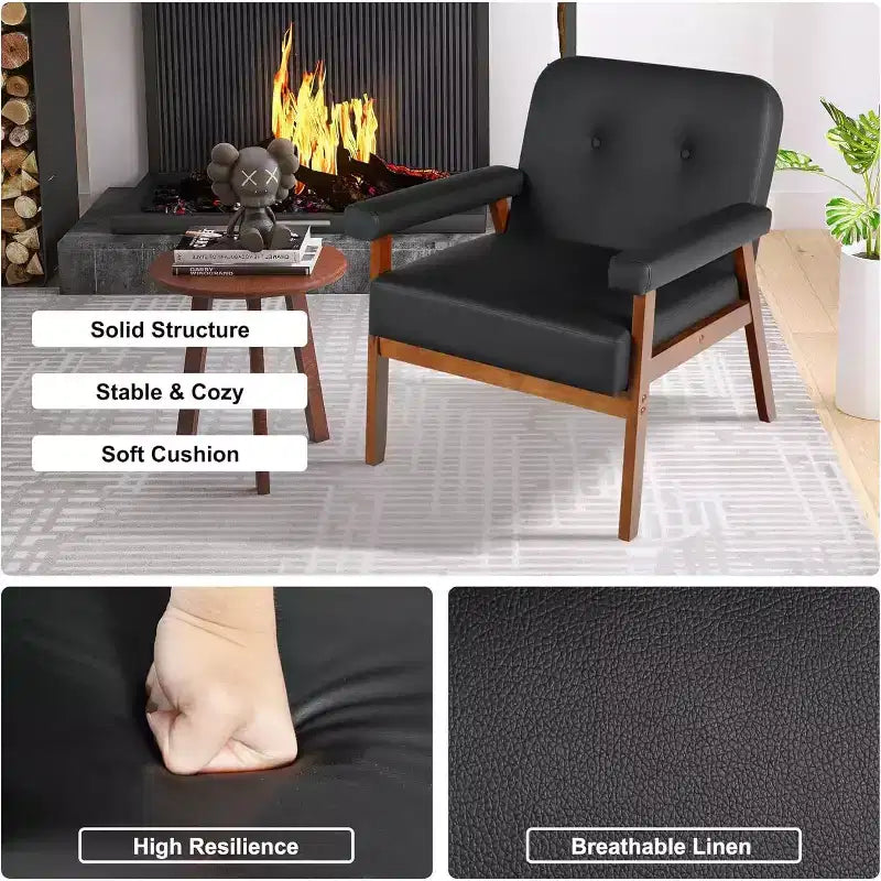 TYBOATLE Faux Leather Black Armchair with Wooden Frame, Upholstered Living Room Chairs Comfy Reading for Small Spaces