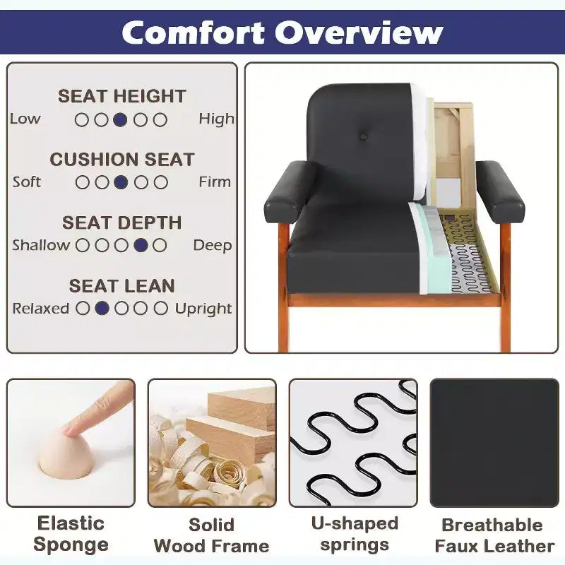TYBOATLE Faux Leather Black Armchair with Wooden Frame, Upholstered Living Room Chairs Comfy Reading for Small Spaces