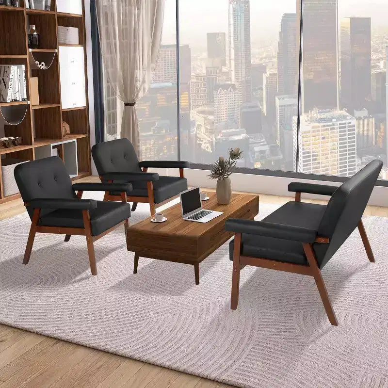 TYBOATLE Faux Leather Black Armchair with Wooden Frame, Upholstered Living Room Chairs Comfy Reading for Small Spaces