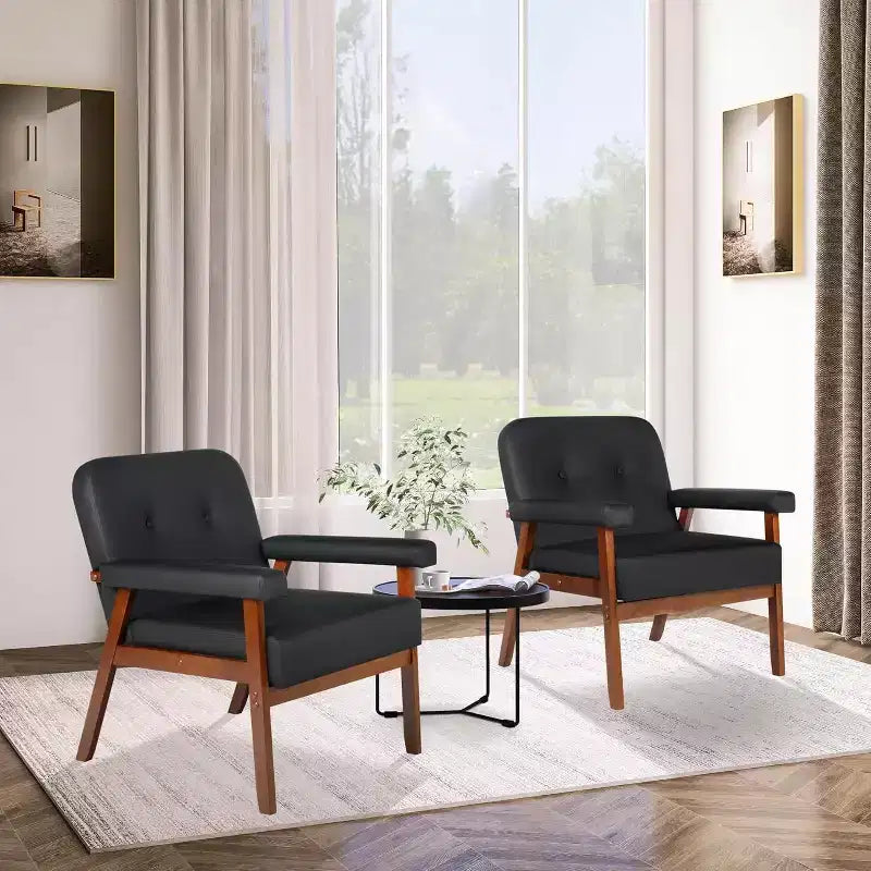 TYBOATLE Faux Leather Black Armchair with Wooden Frame, Upholstered Living Room Chairs Comfy Reading for Small Spaces