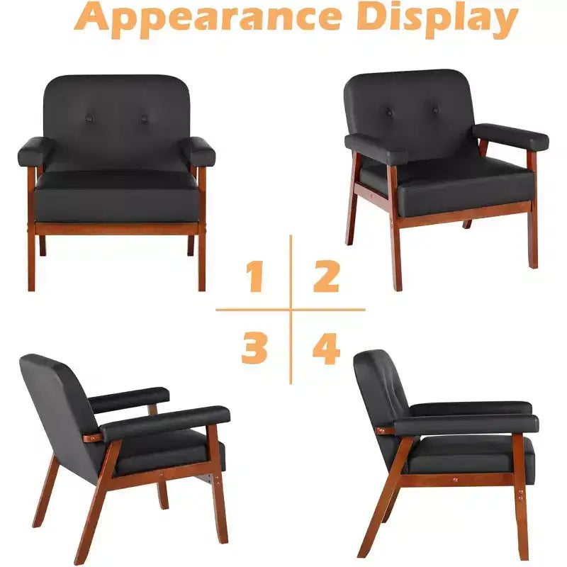 TYBOATLE Faux Leather Black Armchair with Wooden Frame, Upholstered Living Room Chairs Comfy Reading for Small Spaces