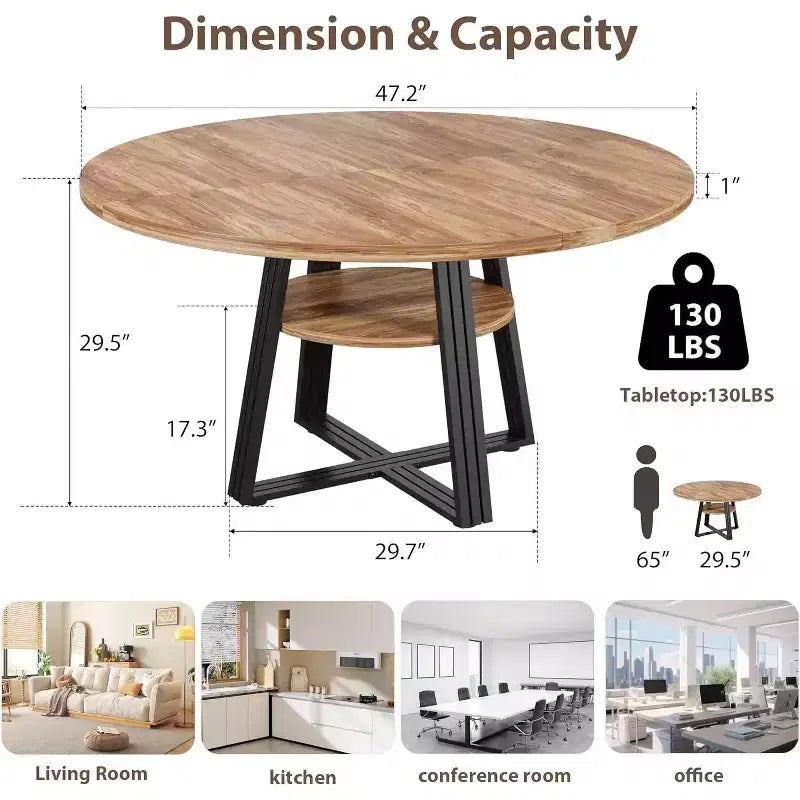 Round Dining Table for 4-6, 42 Farmhouse Kitchen Table with Storage, Circle Dinner Tables for Kitchen, Dining Room, Living Room, Meeting Room