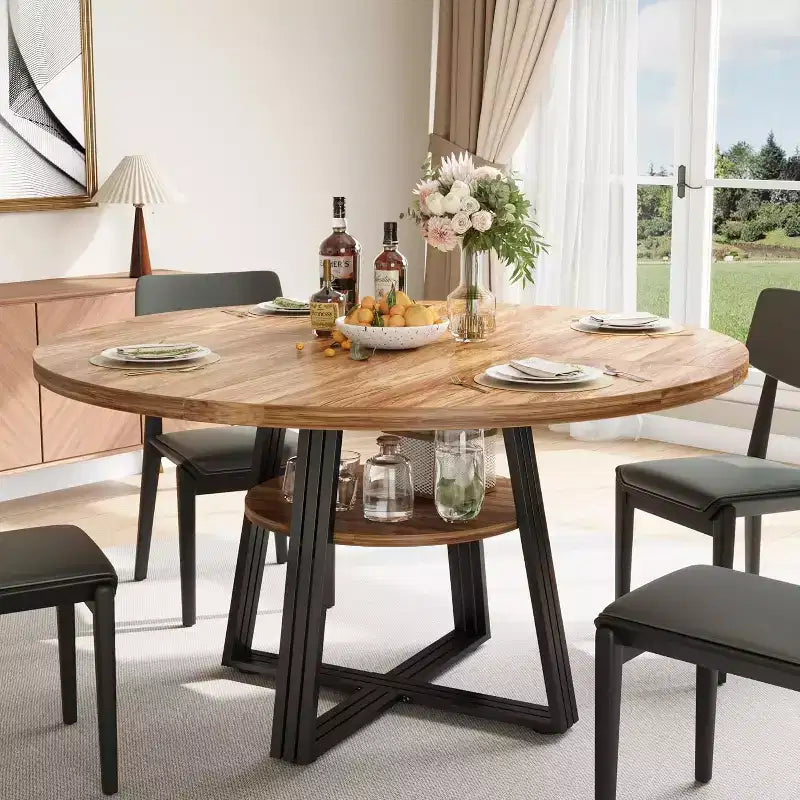 Round Dining Table for 4-6, 42 Farmhouse Kitchen Table with Storage, Circle Dinner Tables for Kitchen, Dining Room, Living Room, Meeting Room