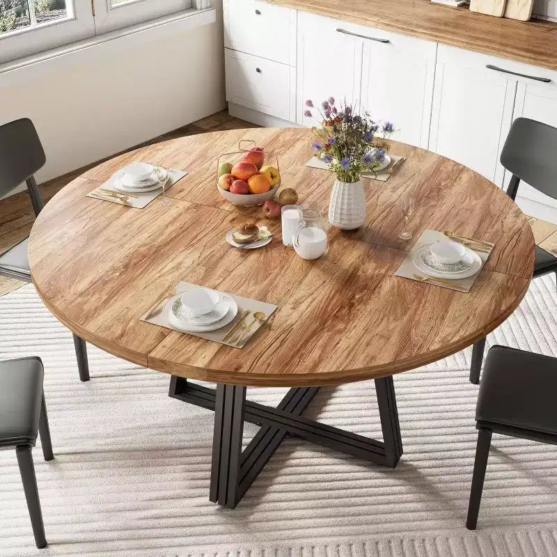 Round Dining Table for 4-6, 42 Farmhouse Kitchen Table with Storage, Circle Dinner Tables for Kitchen, Dining Room, Living Room, Meeting Room