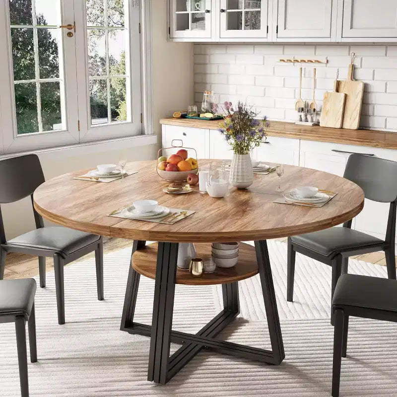 Round Dining Table for 4-6, 42 Farmhouse Kitchen Table with Storage, Circle Dinner Tables for Kitchen, Dining Room, Living Room, Meeting Room