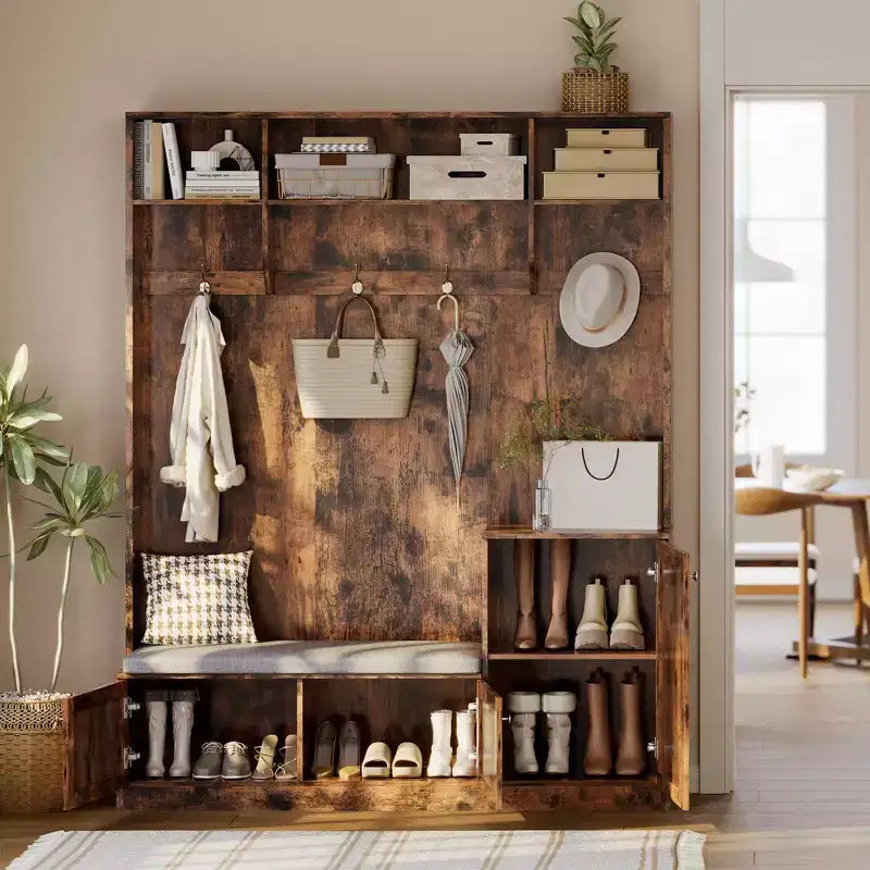 Bench and Shoe Storage,3-in-1 Farmhouse Entryway Bench with Coat Rack, 4 Hooks,4 Shoe Cubbies&3 Open Compartments,for Entryway,Mudrooms