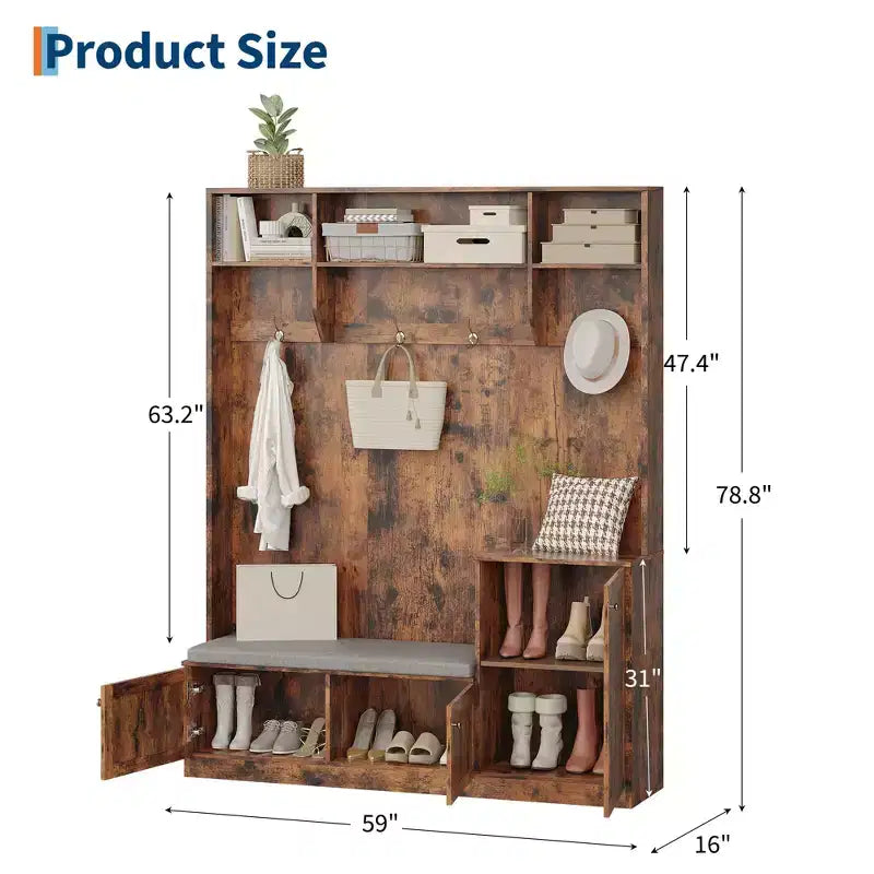 Bench and Shoe Storage,3-in-1 Farmhouse Entryway Bench with Coat Rack, 4 Hooks,4 Shoe Cubbies&3 Open Compartments,for Entryway,Mudrooms