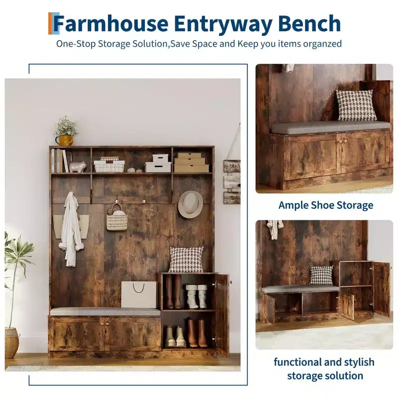 Bench and Shoe Storage,3-in-1 Farmhouse Entryway Bench with Coat Rack, 4 Hooks,4 Shoe Cubbies&3 Open Compartments,for Entryway,Mudrooms
