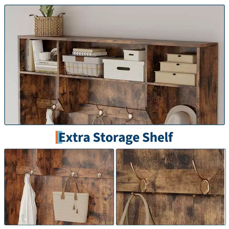 Bench and Shoe Storage,3-in-1 Farmhouse Entryway Bench with Coat Rack, 4 Hooks,4 Shoe Cubbies&3 Open Compartments,for Entryway,Mudrooms